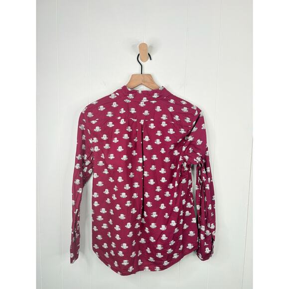 Talbots Tea Time Button Up Shirt Size Medium Petite Coffee Cup Mug Burgundy - Picture 5 of 7